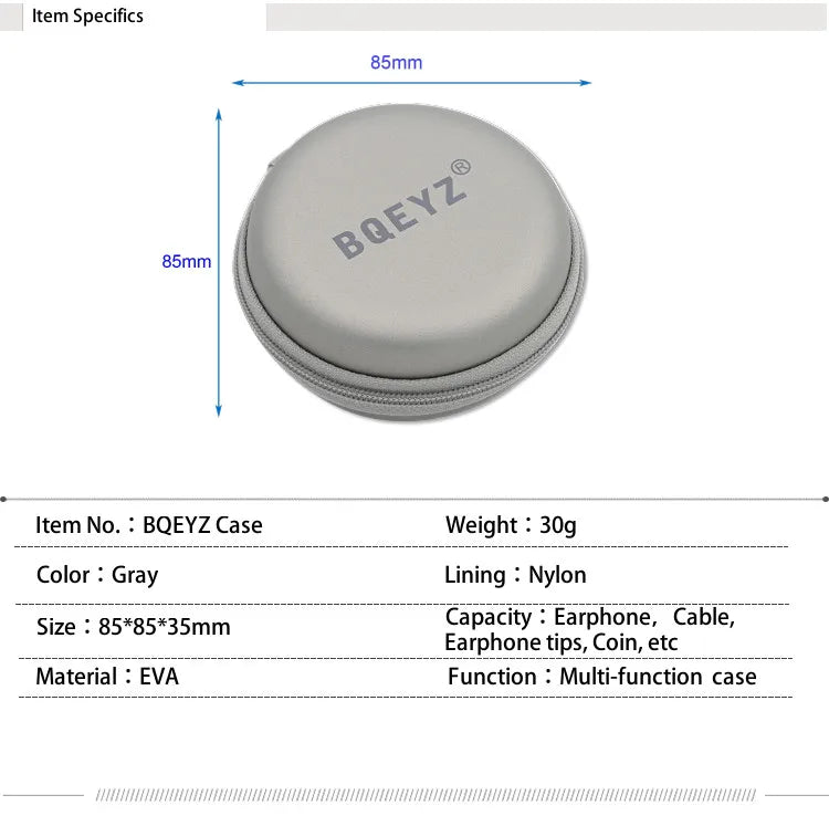 BQEYZ Portable Hard EVA Earphone Carrying Case – Gray Storage Bag
