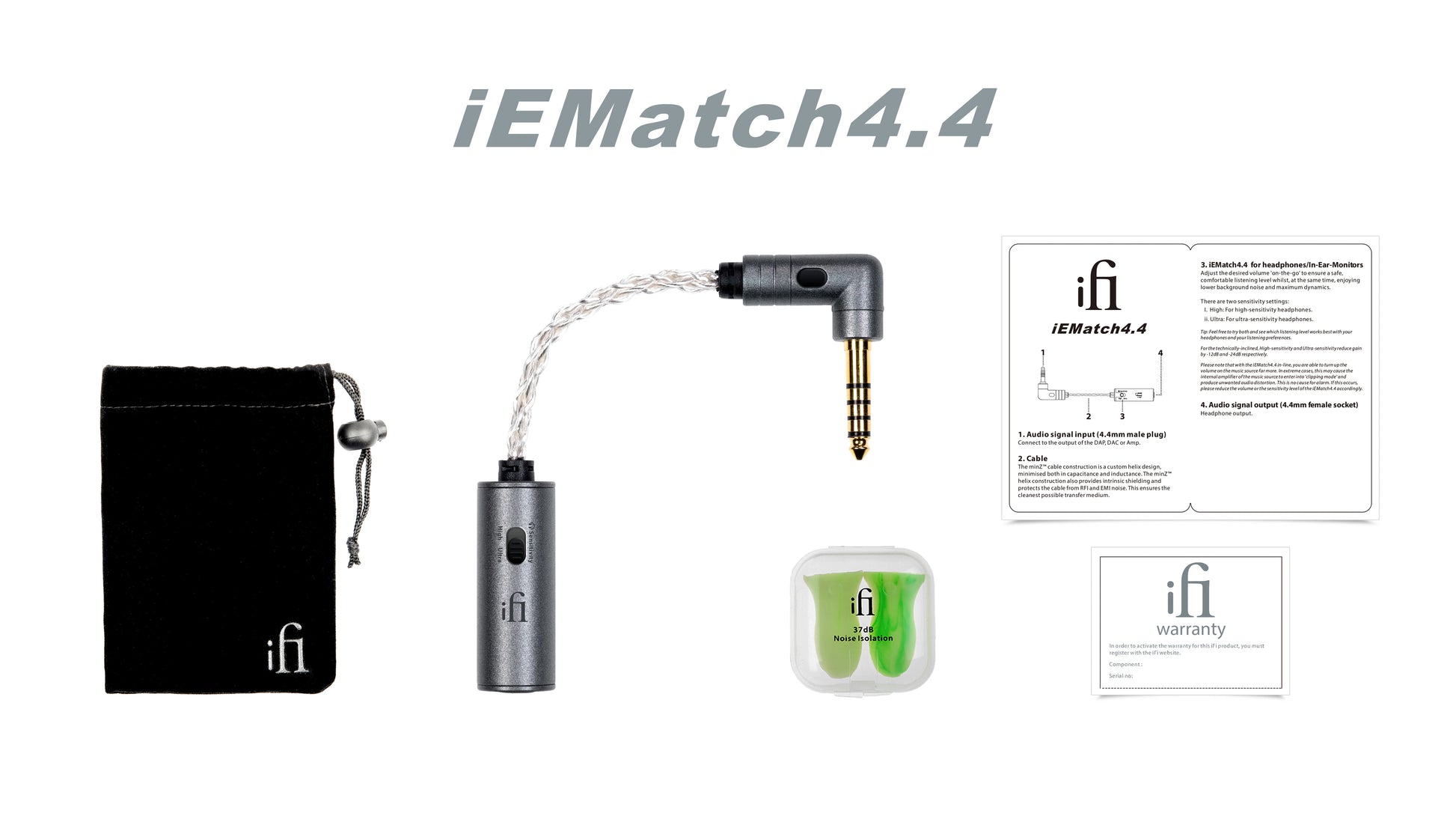 iFi iEMatch+/4.4 Lossless Headphone Impedance Matcher Noise Reduction Attenuator Equalizer 2.5/3.5 to 4.4 mm Headphone Adapter