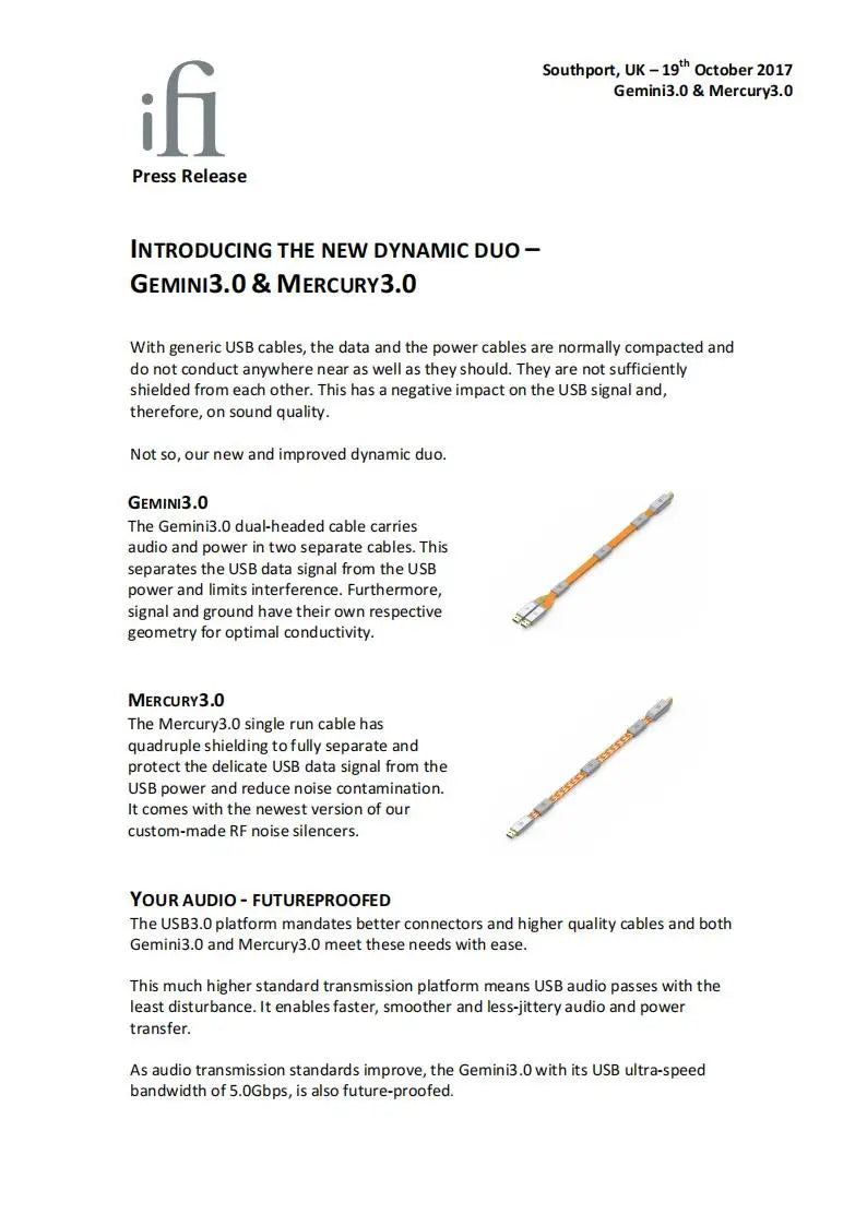 iFi Mercury 3.0 USB Audio Cable – HiFi Signal & Power Transmission, EMI/RFI Noise Shielding