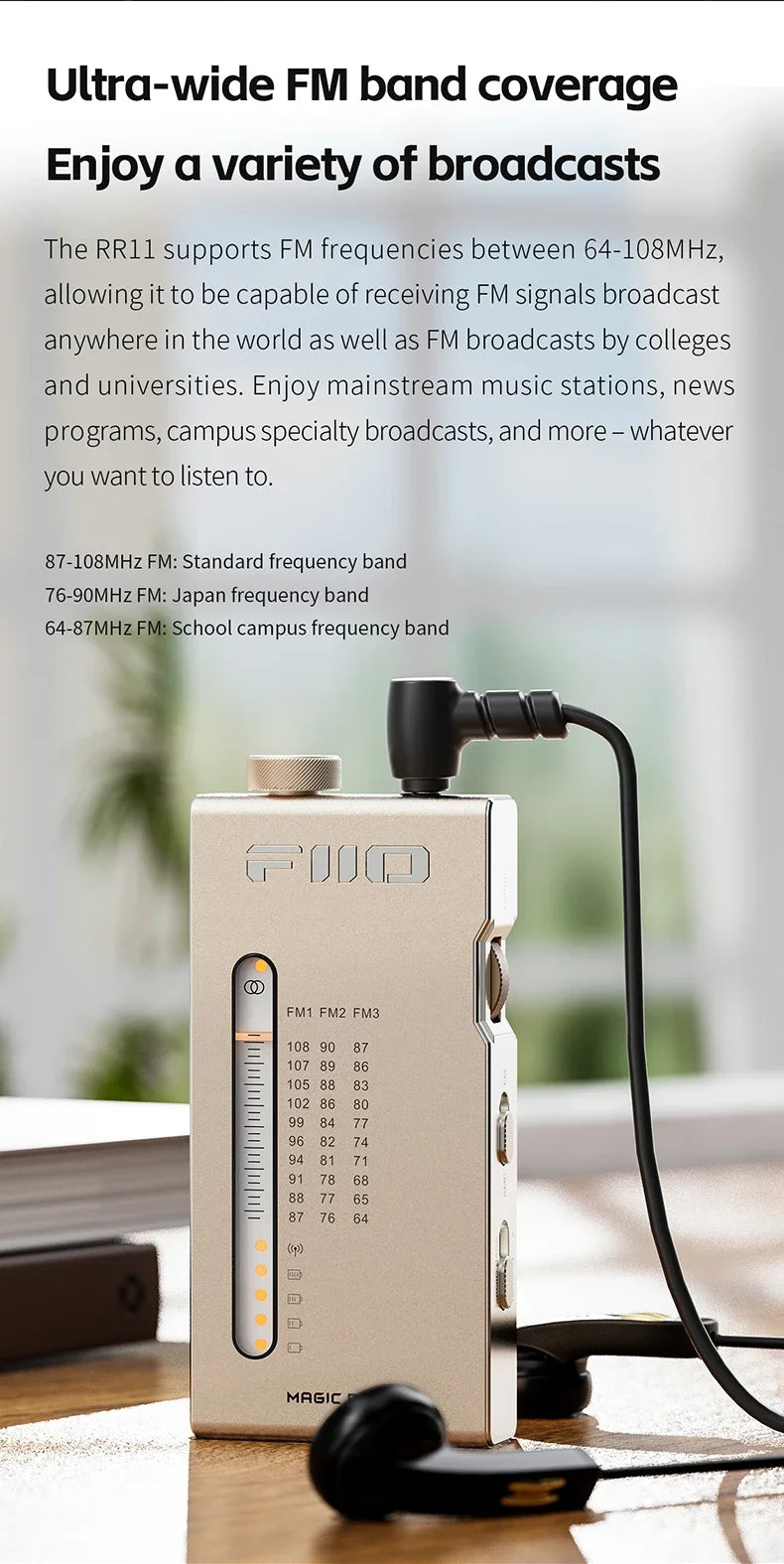 FiiO RR11 Portable HiFi FM Radio Receiver - Analog PVR Tuning, Enhanced Bass, 3D Surround Sound, 64-108MHz Coverage