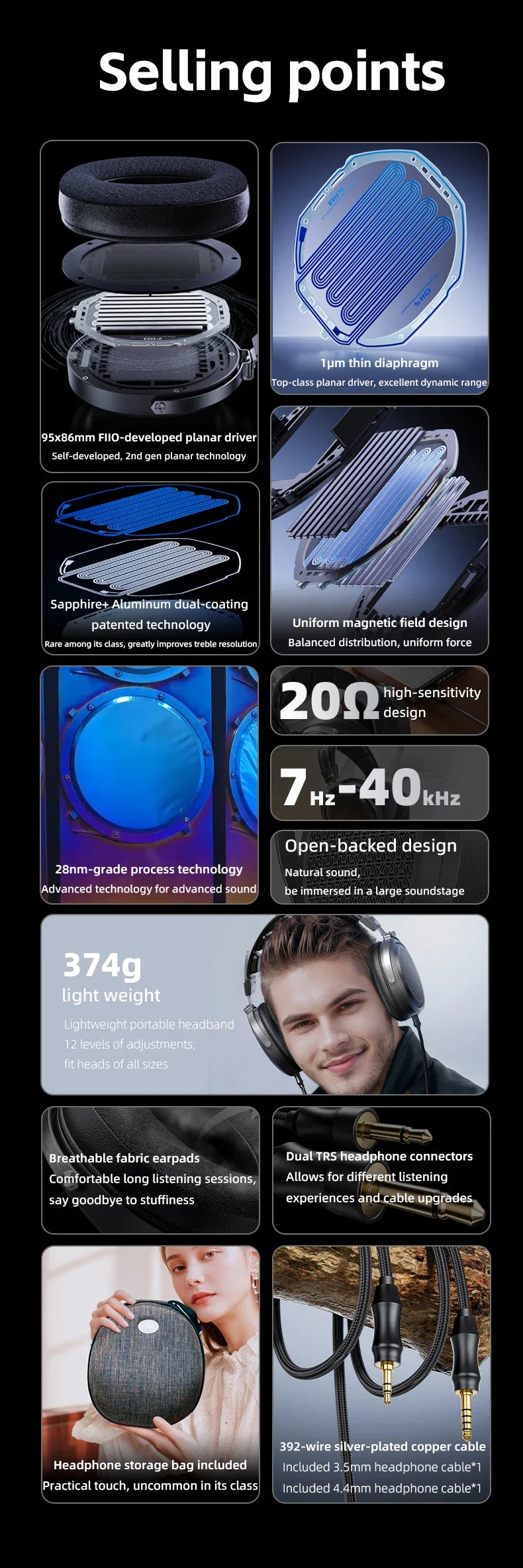 FiiO FT1 Pro Open-Back Planar Magnetic Hi-Fi Headphones - Wired, High Sensitivity for Home, Studio & Recording