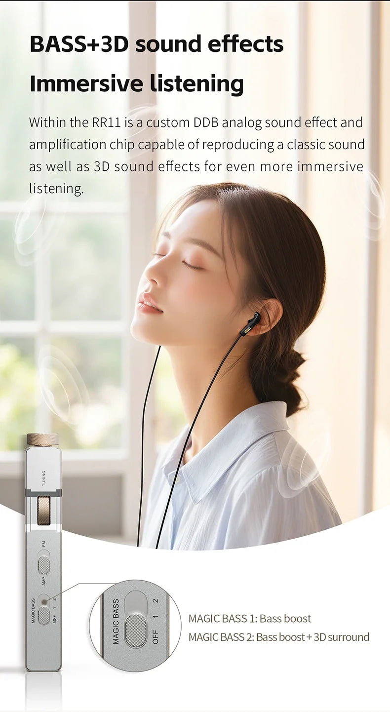 FiiO RR11 Portable HiFi FM Radio Receiver - Analog PVR Tuning, Enhanced Bass, 3D Surround Sound, 64-108MHz Coverage