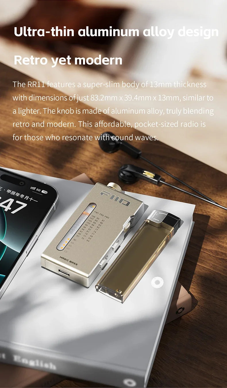 FiiO RR11 Portable HiFi FM Radio Receiver - Analog PVR Tuning, Enhanced Bass, 3D Surround Sound, 64-108MHz Coverage