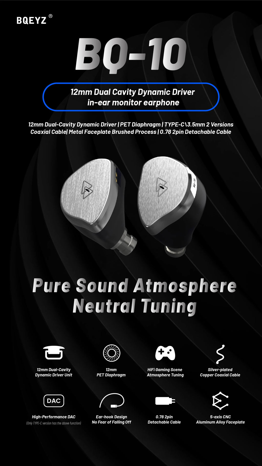 BQEYZ BQ10 12mm Dynamic Driver HiFi Wired IEM Gaming Earbuds 0.78mm Detachable Cable
