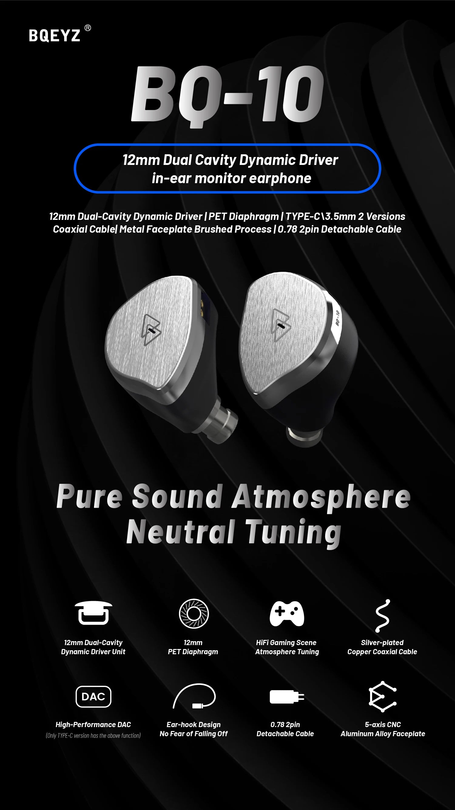 BQEYZ BQ10 12mm Dynamic Driver HiFi Wired IEM Gaming Earbuds 0.78mm Detachable Cable