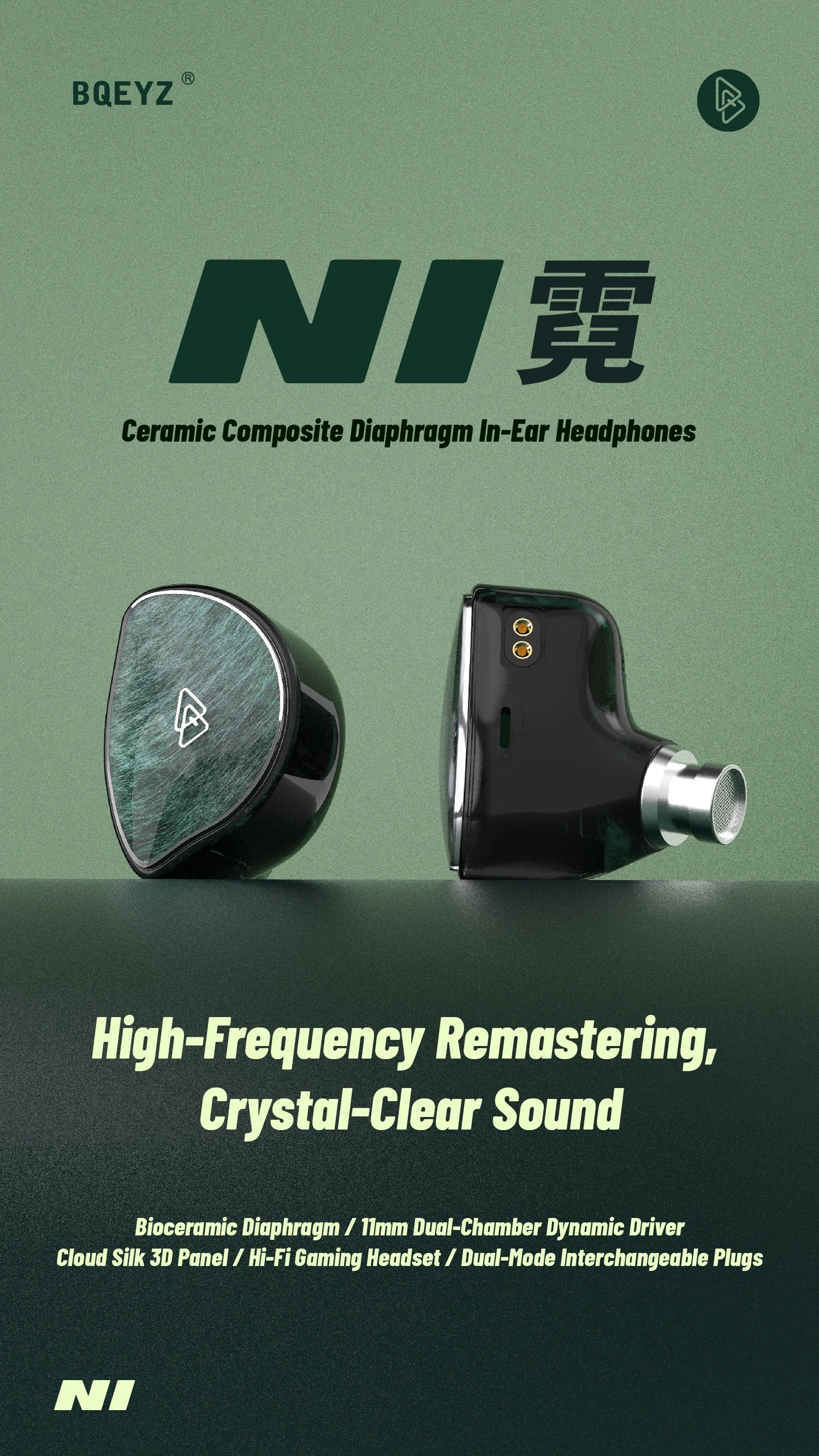 BQEYZ NI HiFi In-Ear Earphones – Dynamic Driver with Bio-Ceramic Diaphragm, Gaming Earbuds, Interchangeable 3.5mm/4.4mm Plugs