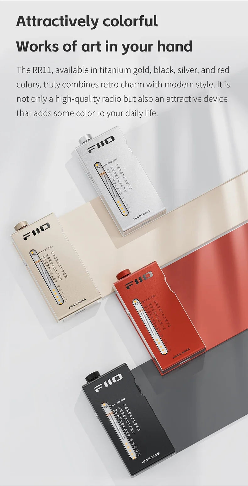 FiiO RR11 Portable HiFi FM Radio Receiver - Analog PVR Tuning, Enhanced Bass, 3D Surround Sound, 64-108MHz Coverage