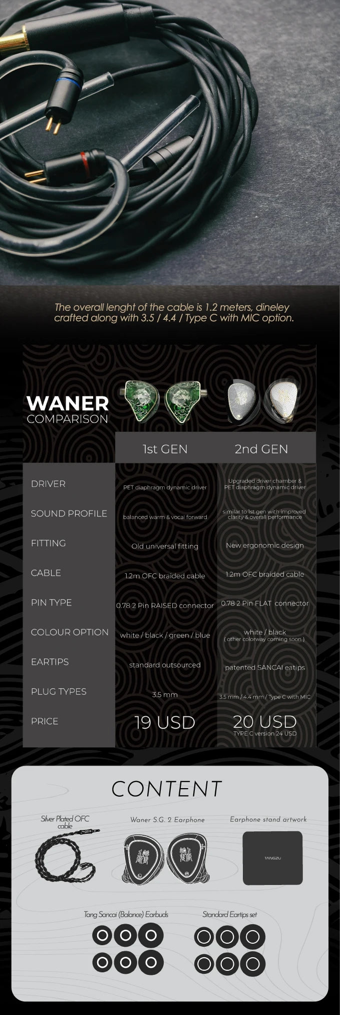 TANGZU WANER SG 2 Single Dynamic In-Ear Headphones ,10mm PET Driver, Detachable Cable, Hi-Fi Sound