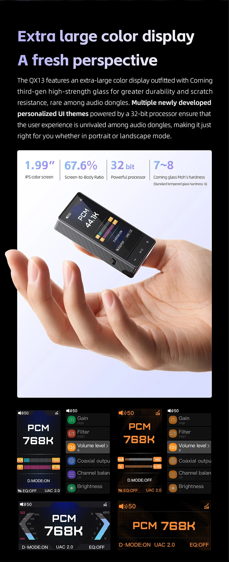 FiiO QX13 Portable DAC AMP Headphone Amplifier - ES9027PRO 8-Ch DAC, 900mW Power, XMOS 16-Core, 10-Band EQ, Carbon Fiber Body (Black)