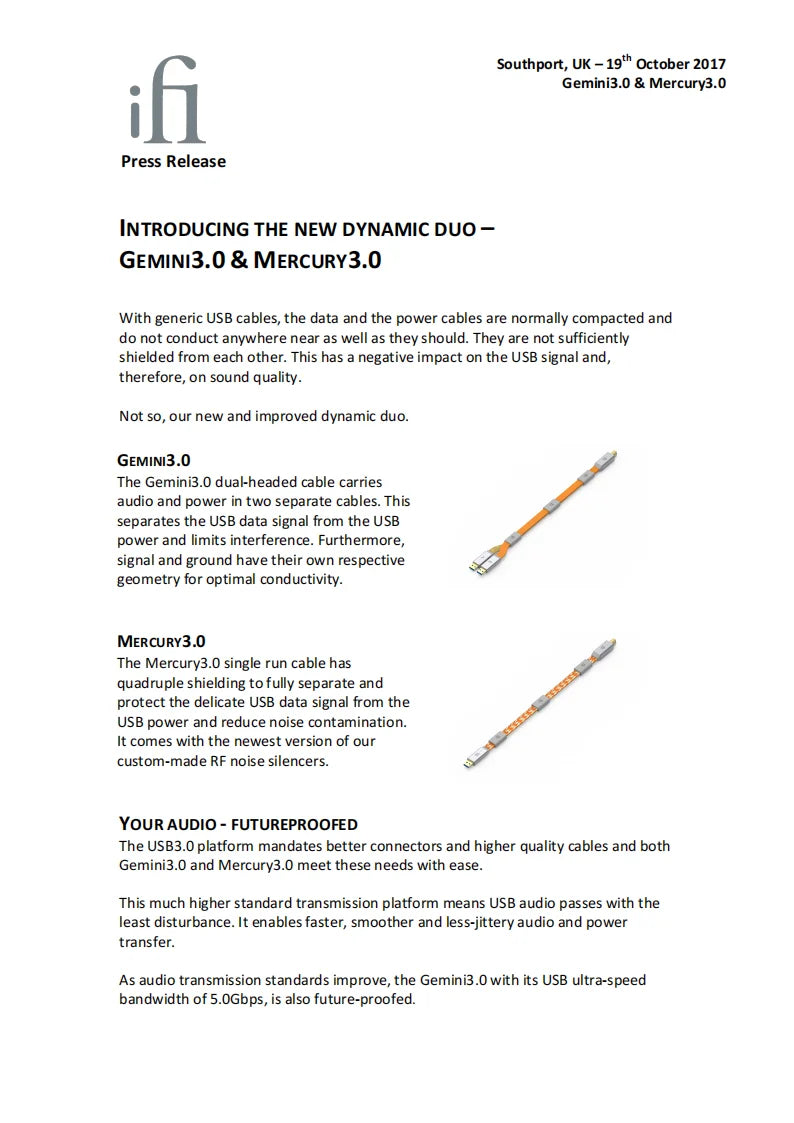 iFi Gemini 3.0 USB Audio Cable – Dual-Head Design, EMI/RFI Shielding, High-Speed Signal & Power Transmission