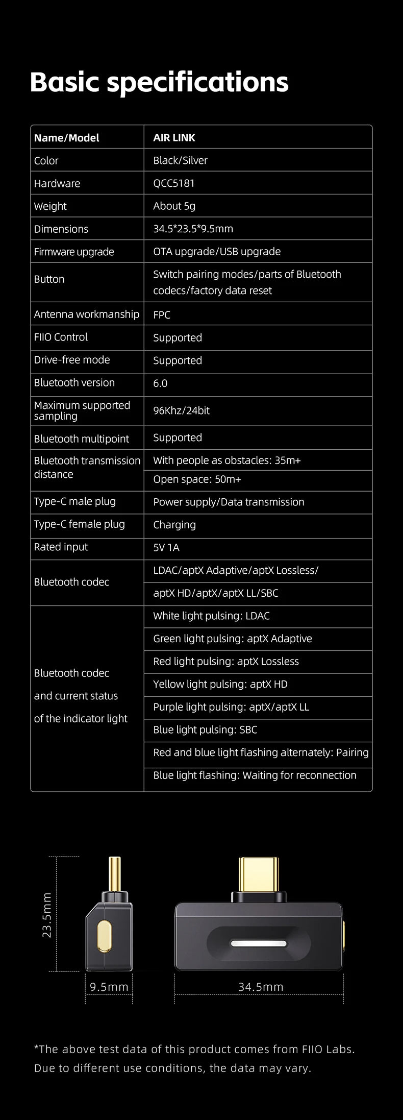 FiiO Air Link Bluetooth Transmitter – LDAC, aptX Adaptive, Type-C, BT 6.0