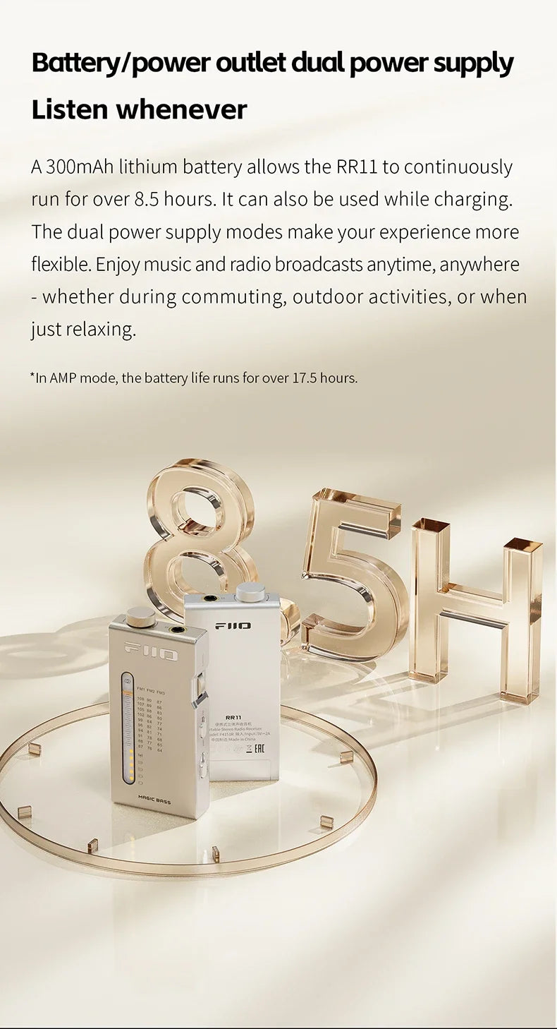 FiiO RR11 Portable HiFi FM Radio Receiver - Analog PVR Tuning, Enhanced Bass, 3D Surround Sound, 64-108MHz Coverage