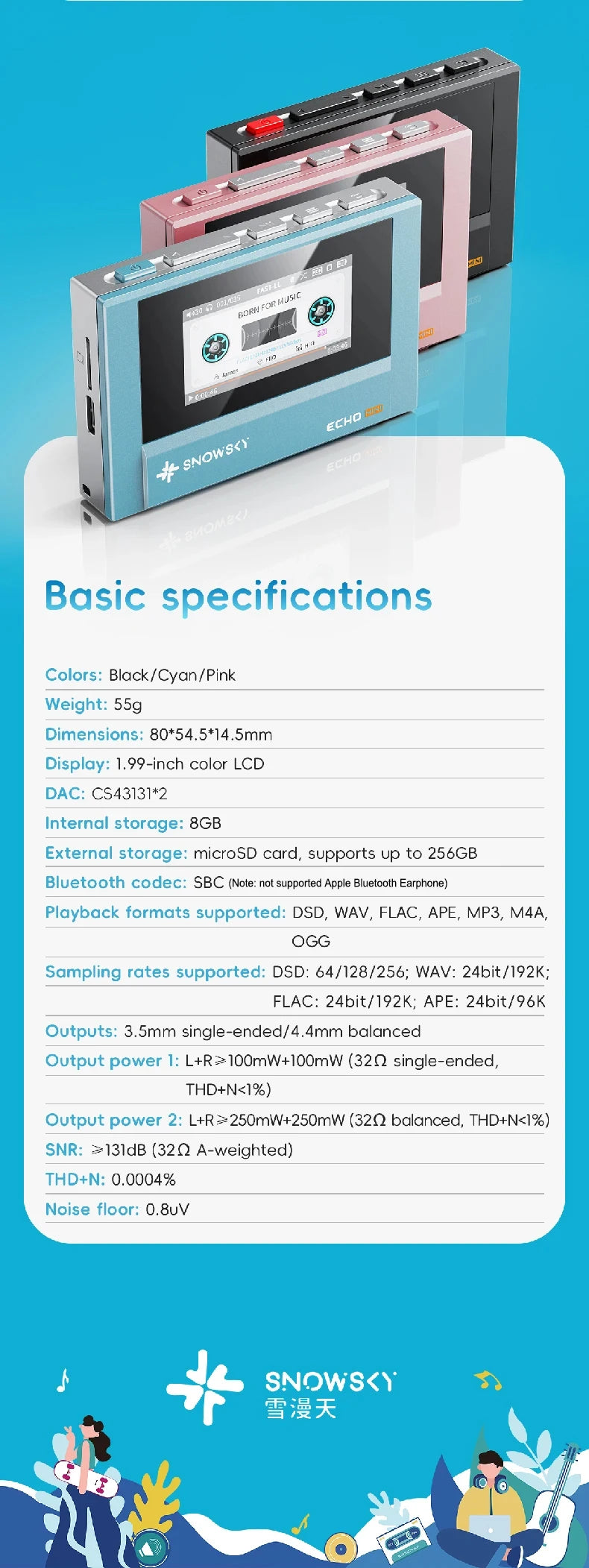 FiiO SnowSky Echo Mini HiFi Bluetooth MP3 Player - 15H Playback, 3.5mm & 4.4mm Headphone Outputs