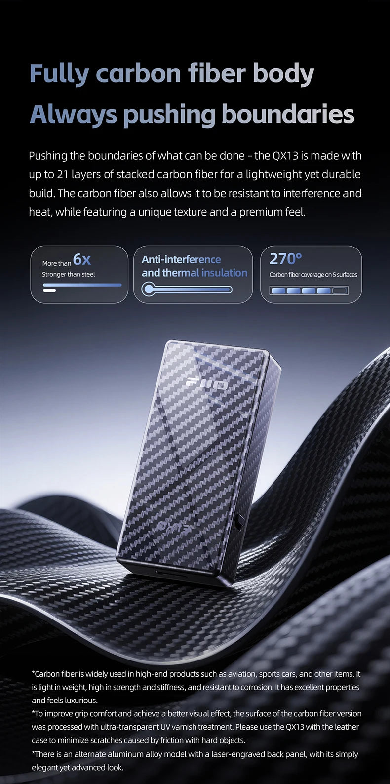 FiiO QX13 Portable DAC AMP Headphone Amplifier - ES9027PRO 8-Ch DAC, 900mW Power, XMOS 16-Core, 10-Band EQ, Carbon Fiber Body (Black)