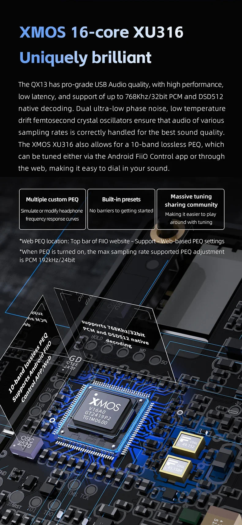 FiiO QX13 Portable DAC AMP Headphone Amplifier - ES9027PRO 8-Ch DAC, 900mW Power, XMOS 16-Core, 10-Band EQ, Carbon Fiber Body (Black)