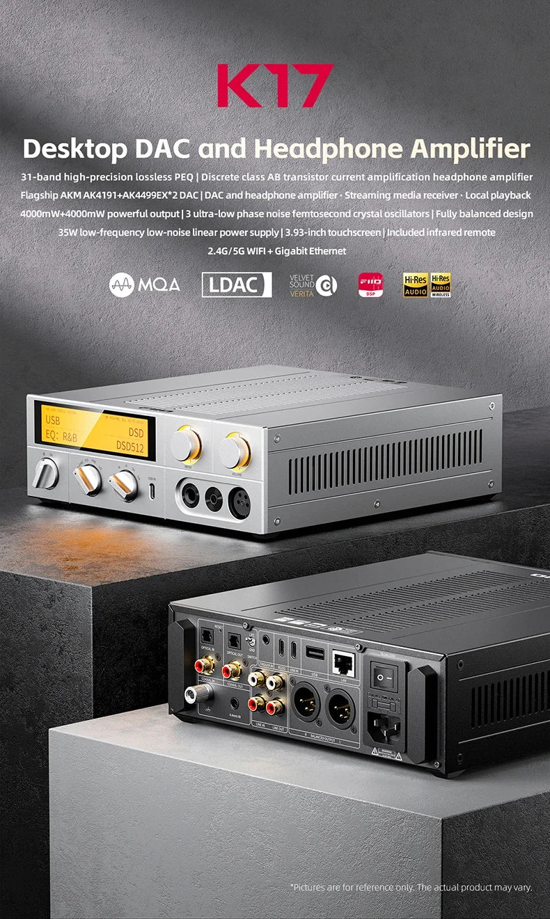 FiiO K17 Desktop DAC AMP Headphone Amplifier - Hi-Res Audio, Dual AK4499EX, MQA, DSD512, PCM768, 31-Band PEQ with Remote Control
