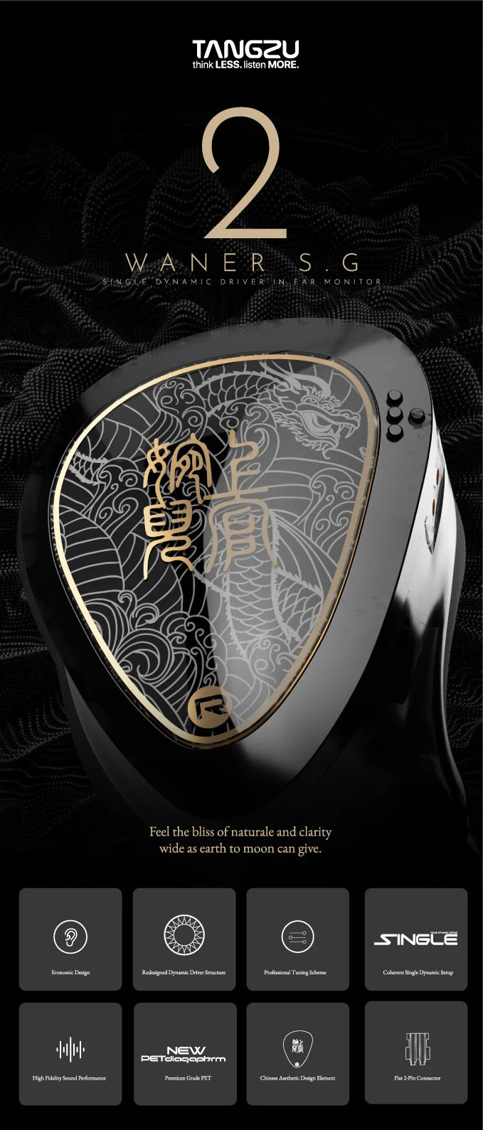 TANGZU WANER SG 2 Single Dynamic In-Ear Headphones ,10mm PET Driver, Detachable Cable, Hi-Fi Sound