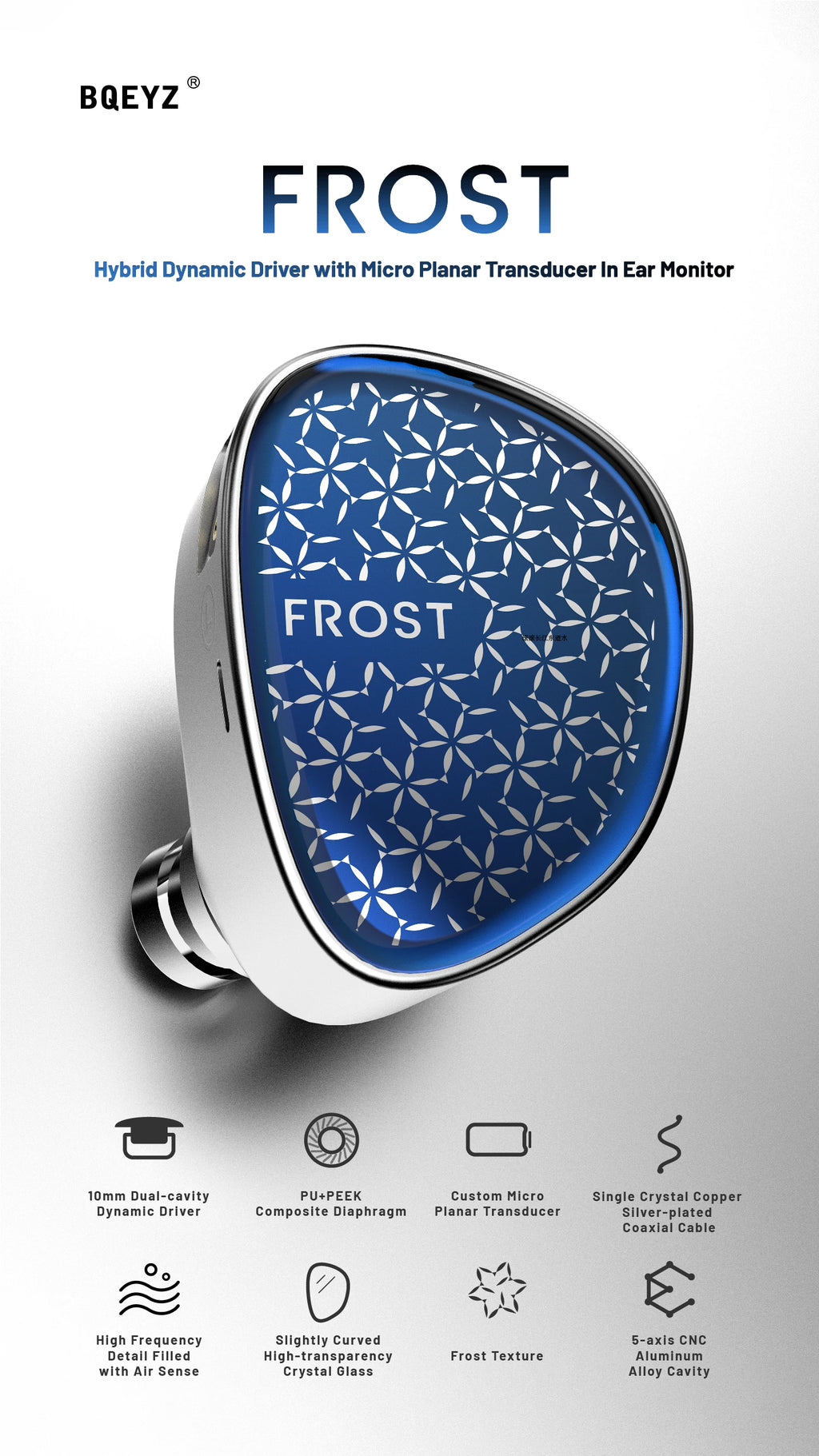 BQEYZ Frost Weather Series HiFi IEM Micro Planar + Dynamic Drivers, Silver-Plated Cable, Glass Faceplate