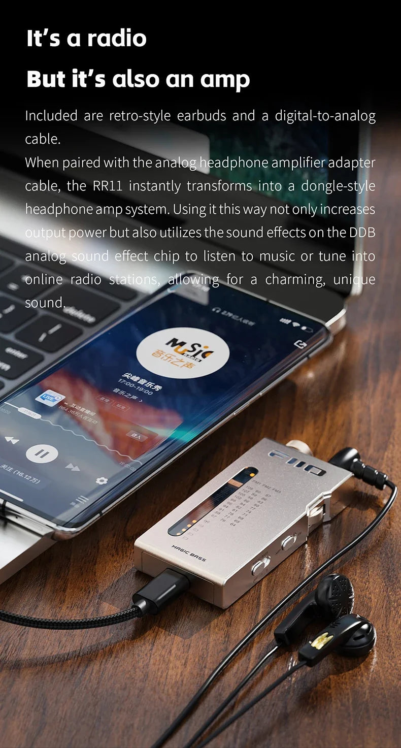 FiiO RR11 Portable HiFi FM Radio Receiver - Analog PVR Tuning, Enhanced Bass, 3D Surround Sound, 64-108MHz Coverage