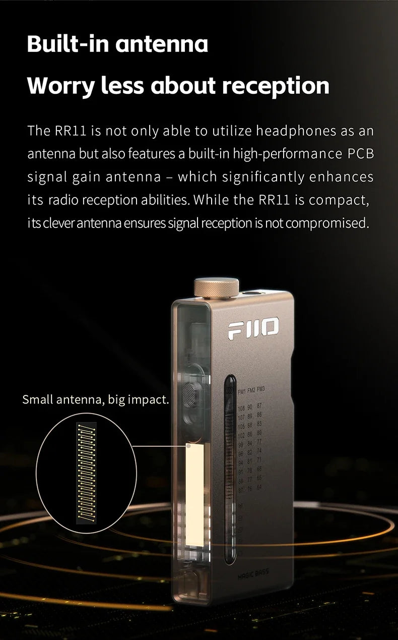 FiiO RR11 Portable HiFi FM Radio Receiver - Analog PVR Tuning, Enhanced Bass, 3D Surround Sound, 64-108MHz Coverage