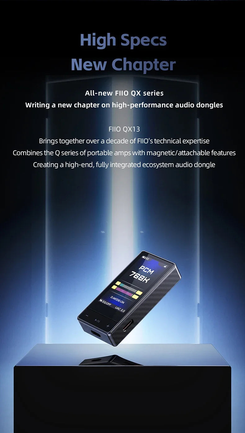 FiiO QX13 Portable DAC AMP Headphone Amplifier - ES9027PRO 8-Ch DAC, 900mW Power, XMOS 16-Core, 10-Band EQ, Carbon Fiber Body (Black)