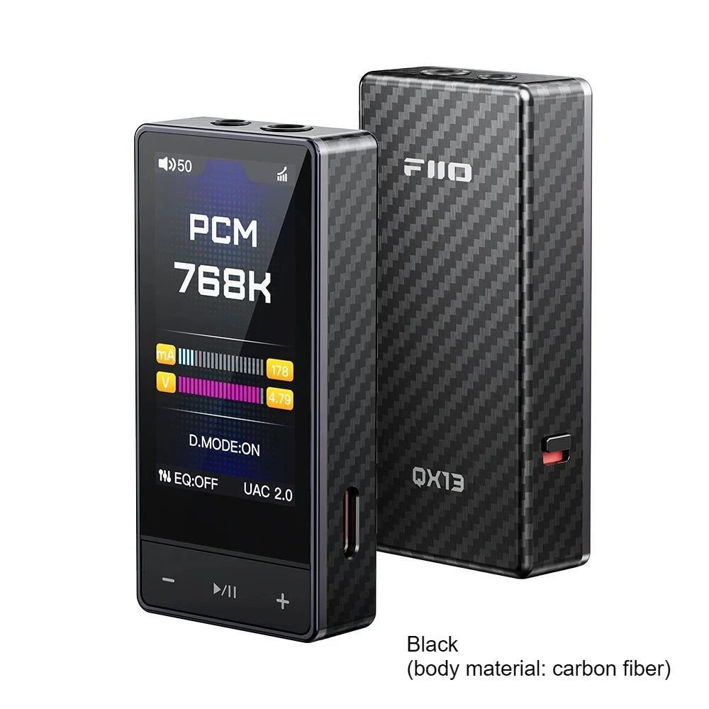 FiiO QX13 Portable DAC AMP Headphone Amplifier - ES9027PRO 8-Ch DAC, 900mW Power, XMOS 16-Core, 10-Band EQ, Carbon Fiber Body (Black)