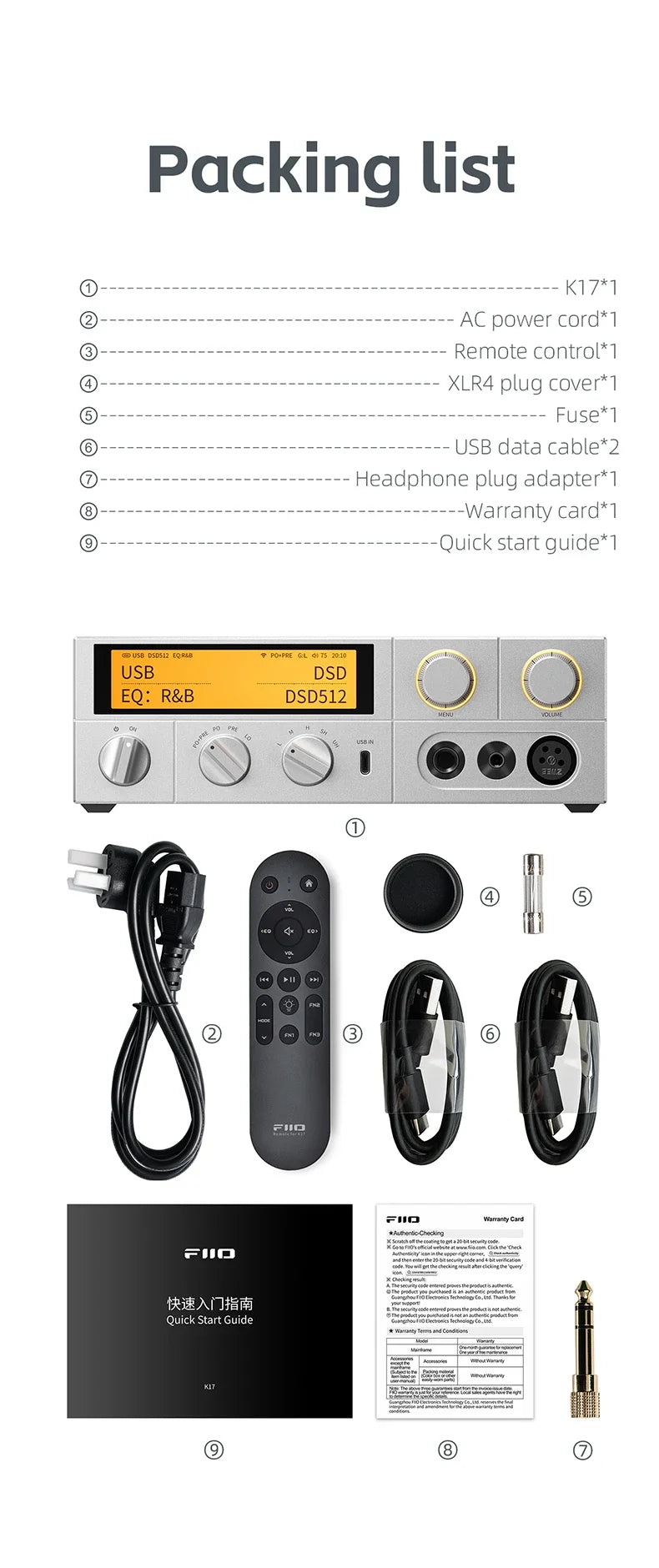 FiiO K17 Desktop DAC AMP Headphone Amplifier - Hi-Res Audio, Dual AK4499EX, MQA, DSD512, PCM768, 31-Band PEQ with Remote Control
